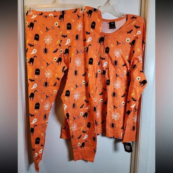 Hyde & Eek! NIP two-piece Halloween sleep pajama set orange Halloween print sz L - Picture 2 of 8